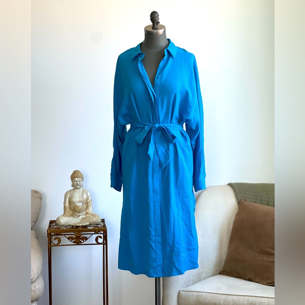 Bright Blue Long Sleeved Tie Front Shirtdress